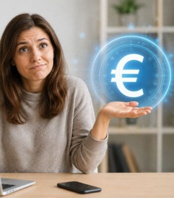 Eine Frau mit unsicherem Ausdruck hält eine Handfläche nach oben, auf der ein digitaler Euro-Symbol schwebt. Im Hintergrund sind ein Laptop und ein Smartphone sichtbar. Das Bild thematisiert die Unklarheiten rund um den Digitalen Euro.