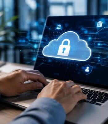 Eine Person arbeitet an einem Laptop, auf dessen Bildschirm ein Cloud-Symbol mit einem Schloss dargestellt ist. Diese visuelle Darstellung unterstreicht die Sicherheitsaspekte der digitalen Datenverarbeitung, relevant für den Finanz Informatik Technologie Service.