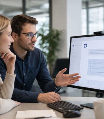 Zwei Personen betrachten gemeinsam einen Computerbildschirm, auf dem eine Benutzeroberfläche eines KI-Assistenten zu sehen ist. Diese Interaktion steht im Kontext der Einführung des KI-Assistenten durch LBS NordWest zur Verbesserung der Kundenkommunikation.