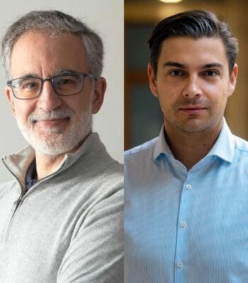 Zwei Männer sind abgebildet, die in einem professionellen Kontext stehen. Links ist ein älterer Mann mit Brille und grauem Haar, rechts ein jüngerer Mann mit dunklem Haar. Beide repräsentieren Black Manta Capital Partners und die Stellar Development Foundation.