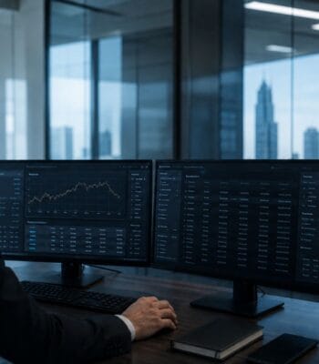 Ein Arbeitsplatz im Bereich Risikocontrolling ist abgebildet, mit zwei Monitoren, die Finanzdaten und Diagramme anzeigen. Im Hintergrund sind moderne Bürogebäude sichtbar. Der Fokus liegt auf der Analyse von Risiken und Datenvisualisierung.