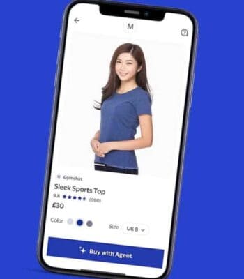 Ein Smartphone zeigt eine Produktseite für ein sportliches Oberteil in blauer Farbe. Die Bewertung beträgt 9,8 Sterne bei 980 Bewertungen. Die Kaufoption „Buy with Agent“ ist hervorgehoben, was auf eine Integration von Visa für den Zahlungsprozess hinweist.