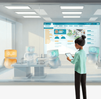 In einem modernen Bürointerieur interagiert eine Person mit einem Tablet, während digitale Roboter in einem Besprechungsraum präsent sind. Auf einem Bildschirm sind Informationen angezeigt, die möglicherweise mit den Anwendungen des BSI in Verbindung stehen.