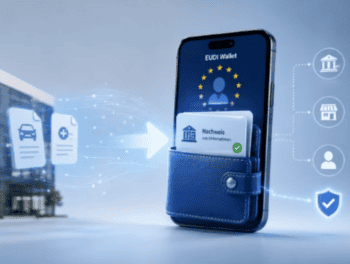 Eine digitale Darstellung zeigt ein Smartphone mit der EUDI-Wallet, in dem ein Nachweis von einem Unternehmen sichtbar ist. Links sind verschiedene Dokumente abgebildet, die in die Wallet integriert werden können. Set wird als Teil dieser digitalen Lösung hervorgehoben.