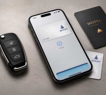Auf dem Bild ist ein Smartphone abgebildet, das eine Girocard-Anwendung zeigt. Daneben liegen ein Autoschlüssel, eine Hotelkarte und eine physische Girocard. Die Darstellung verdeutlicht die Integration von Girocard-Zahlungen in digitale Anwendungen.