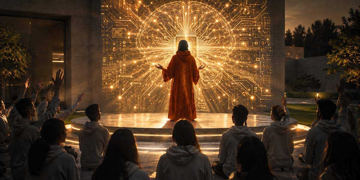 Wie bei Bhagwan: KI-Hörigkeit. Eine Gruppe von Menschen in meditativer Haltung lauschen den KI-Meistern aufmerksam und heben die Hände zum Gebet.