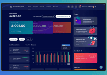 Die Benutzeroberfläche eines Home Banking Portals wird dargestellt. Sie zeigt Kontostände, Transaktionen und personalisierte Finanzangebote. OutSystems integriert KI-Agenten zur Optimierung der Konsumentenkreditvergabe und zur Anpassung an Bankrichtlinien.