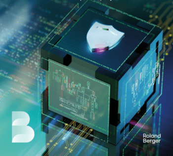 Ein digitaler Würfel mit einem Schutzsymbol und komplexen Schaltplänen ist abgebildet. Die Grafik verdeutlicht die technologische Dimension der Kernsystemmodernisierung, wie sie im Roland-Berger-Report thematisiert wird.