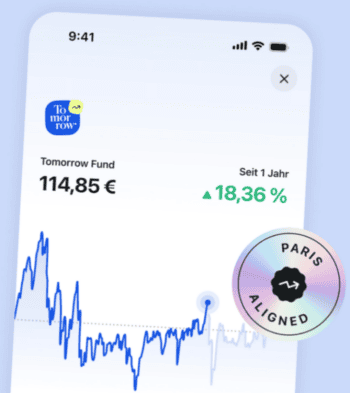 Die Darstellung zeigt den Tomorrow Fund mit einem aktuellen Wert von 114,85 Euro und einer jährlichen Wertsteigerung von 18,36 %. Ein Symbol weist auf die Übereinstimmung mit den Pariser Klimazielen hin.