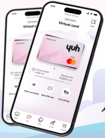 Die Abbildung zeigt die Benutzeroberfläche der Yuh-App mit einem virtuellen Konto. Das Design präsentiert eine pinkfarbene Karte mit dem Logo „yuh“. Die Funktionen umfassen Ausgabenübersicht und monatliche Limits, ideal für das neue Gemeinschaftskonto Yuh&Me