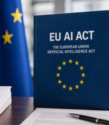 Ein blauer Ordner mit dem Titel „EU AI Act“ steht auf einem Tisch. Im Hintergrund ist eine europäische Flagge sichtbar. Der Ordner enthält Informationen über den Europäischen Gesetzesentwurf zur Regulierung von Künstlicher Intelligenz, der für Banken und Versicherungen relevant ist.