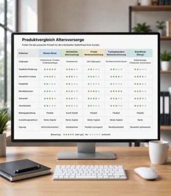 Auf dem Bildschirm ist eine Übersicht zum Produktvergleich von Altersvorsorgeangeboten dargestellt. Die Tabelle enthält verschiedene Kriterien wie Zielgruppe, Flexibilität und Bewertung. Morgen & Morgen bietet diese Vergleichsmöglichkeit zur optimalen Auswahl für individuelle Kundenbedürfnisse.