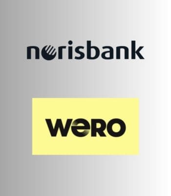 Die Logos der norisbank und von wero sind auf einem hellen Hintergrund angeordnet. Das Logo der norisbank befindet sich oben, während das von wero darunter platziert ist. Beide Marken repräsentieren aktuelle Entwicklungen im Zahlungsverkehr.