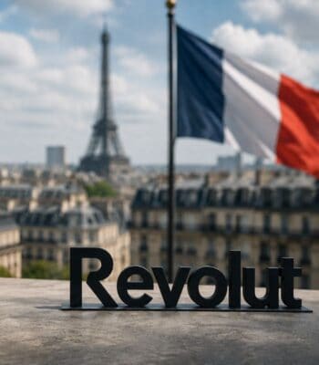 Im Vordergrund ist das Logo von Revolut zu sehen, während im Hintergrund der Eiffelturm und die französische Flagge abgebildet sind. Die Szenerie vermittelt einen urbanen Eindruck von Paris, was die Bedeutung der Banklizenz für Revolut unterstreicht.