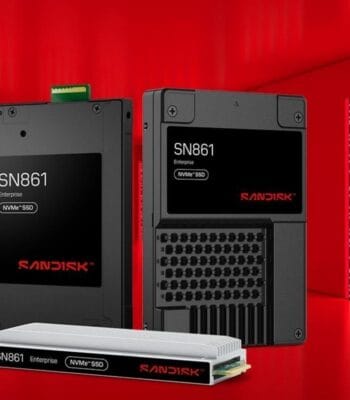 Das Bild zeigt mehrere Modelle des Enterprise-Laufwerks „Sandisk SN861 NVMe SSD“. Die Laufwerke sind in einem modernen Design gehalten und heben sich vor einem roten Hintergrund ab. Die Produktbezeichnungen sind deutlich sichtbar.