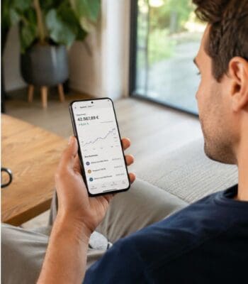 Ein Mann betrachtet auf seinem Smartphone eine Finanzübersicht, die einen Betrag von 42.567,89 € anzeigt. Die grafische Darstellung zeigt einen Anstieg. Diese digitale Verwaltung könnte im Kontext des staatlichen Altersvorsorgedepots von Bedeutung sein.
