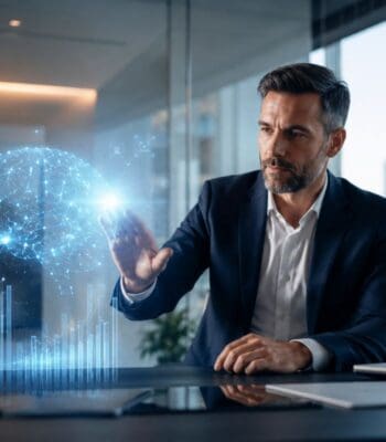 Ein Mann in einem Anzug interagiert mit einer holografischen Darstellung eines neuronalen Netzwerks. Die Szene vermittelt den Fokus auf innovative Technologien im Rahmen einer „AI First“-Strategie für Finanzdienstleister.