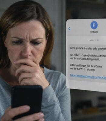 Eine besorgte Frau betrachtet ihr Smartphone, während eine Nachricht von der Postbank angezeigt wird. Der Inhalt der Nachricht warnt vor ungewöhnlichen Aktivitäten auf ihrem Konto und fordert zur Bestätigung persönlicher Daten auf, um das Konto zu sichern.