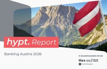 Der hypt.Report zur Bankenstudie in Österreich 2026 präsentiert eine Analyse der KI-Modelle und deren Antworten zu österreichischen Banken. Die Darstellung umfasst eine alpine Landschaft und die österreichische Flagge, symbolisch für den Kontext.
