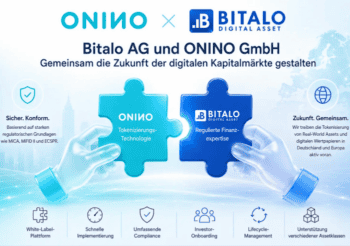 Die Grafik illustriert die Kooperation zwischen Bitalo AG und Onino GmbH zur Entwicklung einer BaFin-regulierten Investmentplattform. Im Fokus stehen die Tokenisierungstechnologie von Onino und die Finanzexpertise von Bitalo zur Erschließung digitaler Kapitalmärkte.