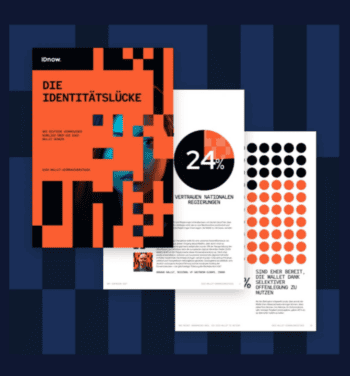 Die Abbildung zeigt eine Publikation von IDnow mit dem Titel „Die Identitätslücke“. Auf den Seiten sind Grafiken und Statistiken zu Vertrauen in nationale Regierungen sowie zur Nutzung digitaler Identitäten abgebildet.