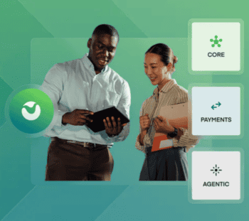 Zwei Personen interagieren mit einem Tablet, während sie in einem modernen Umfeld stehen. Links ist das Logo von Mambu sichtbar. Rechts sind die Begriffe „CORE“, „PAYMENTS“ und „AGENTIC“ angeordnet, die auf die Funktionen des Kernbanksystems hinweisen.