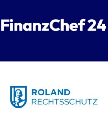 Das Bild präsentiert die Logos von Finanzchef24 und Roland Rechtsschutz. Die Gestaltung ist klar und modern, wobei das Logo von Finanzchef24 in kräftigem Blau und Weiß hervorsticht, während das Logo von Roland Rechtsschutz in einem helleren Blauton gehalten ist.