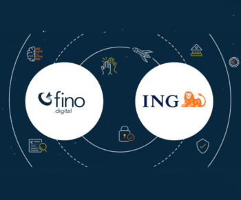 Die Grafik illustriert die Partnerschaft zwischen fino.digital und ING. Beide Unternehmen arbeiten zusammen, um den Kreditentscheidungsprozess zu optimieren. Symbole um die Logos verdeutlichen Aspekte wie Effizienz, Sicherheit und digitale Innovation im Finanzsektor.