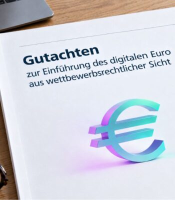 Ein Dokument mit dem Titel „Gutachten zur Einführung des digitalen Euro aus wettbewerbsrechtlicher Sicht“ liegt auf einem Tisch. Neben dem Dokument befindet sich ein Laptop. Der digitale Euro wird durch ein stilisiertes Euro-Symbol in moderner Gestaltung visualisiert.