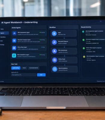 Der Screenshot zeigt eine Benutzeroberfläche eines AI Agent Workbench für das Underwriting. Verschiedene aktive Agenten sind aufgeführt, darunter Risiko- und Dokumentenanalysen. Der Workflow umfasst Schritte zur Eingabe, Risikoabschätzung und Entscheidungsfindung.