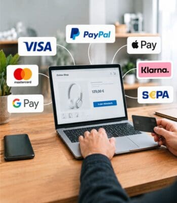 Ein Laptop zeigt eine Online-Shop-Seite mit einem Produktpreis von 129,00 €. Verschiedene Zahlungsmethoden wie Visa, PayPal, Apple Pay und Klarna sind abgebildet. Die Darstellung verdeutlicht die Flexibilität und Kontrolle, die durch die Multi-PSP-Lösung von