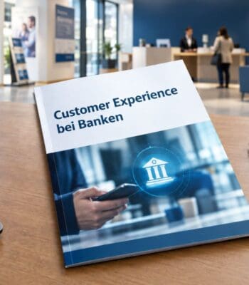 Ein Dokument mit dem Titel „Customer Experience bei Banken“ liegt auf einem Tisch. Im Hintergrund sind Bankmitarbeiter und Kunden in einer modernen Bankfiliale sichtbar. Das Bild vermittelt einen Eindruck von Kundeninteraktion und Serviceorientierung im Bankwesen.