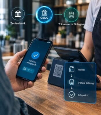 Eine Person hält ein Smartphone, auf dem eine erfolgreiche Zahlung angezeigt wird. Im Hintergrund ist ein Kassensystem sichtbar. Grafische Elemente verdeutlichen den Zusammenhang zwischen Zentralbank, CBDC und tokenisierten Einlagen, was die Relevanz von Stablecoins im Zahlungsverkehr unterstreicht.