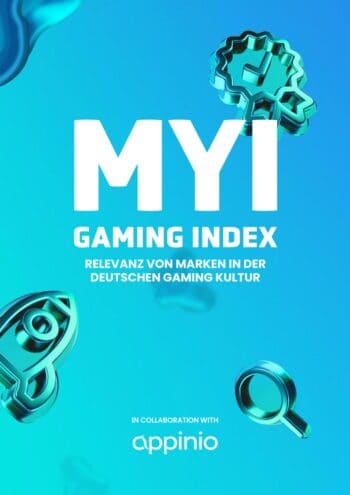 Türkis-blaues Cover mit der Aufschrift «MYI Gaming Index – Relevanz von Marken in der deutschen Gaming-Kultur», erstellt in Zusammenarbeit mit appinio; die Studie vergleicht Zahlungsanbieter wie Sparkasse und Neobanken.