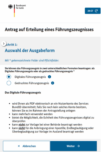 Antragsseite des Bundesamts für Justiz mit ausgewähltem digitalen Führungszeugnis und Hinweisen zur digitalen Beantragung; im Selbstversuch folgt die Prüfung per QR-Code.