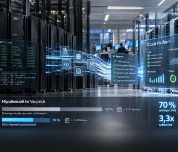 IBM-z/OS-Mainframes sind mit einer Cloud-Plattform verbunden; eine Grafik vergleicht die Migration mit und ohne KI-Agenten: 30 statt 100 Prozent der Zeit. GFT und Itaú Unibanco wollen die Dauer von Batch-Migrationen so um bis zu 70 Prozent verkürzen.