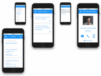 Die Abbildung zeigt mehrere Smartphones, die die Benutzeroberfläche der Inveda-App präsentieren. Die App ermöglicht die Verwaltung von Versicherungsverträgen und die Kontaktaufnahme mit Versicherungsmaklern. Funktionen wie Schadensmeldungen sind ebenfalls integriert.