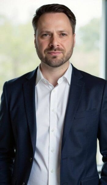Tobias Ludwichowski, Senior Manager bei Accenture, steht im dunklen Anzug vor einem hellen Fenster; er erläutert, wie Versicherer DORA in bestehende Prozesse integrieren.