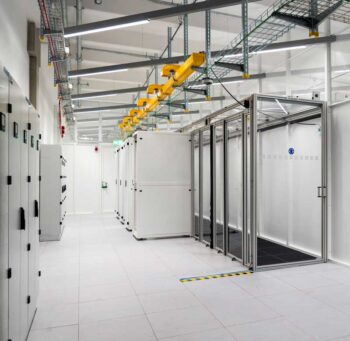 Im Rechenzentrum von NTT Data sind mehrere Serverracks angeordnet, die für den Betrieb von Hochleistungs-GPUs konzipiert sind. Überhead-Kabeltrassen und eine klare Raumaufteilung prägen die technische Infrastruktur.