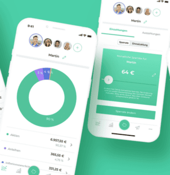 Die Abbildung zeigt die Benutzeroberfläche der digitalen Plattform Oskar zur Verwaltung von Altersvorsorgedepots. Grafische Darstellungen verdeutlichen die Verteilung von Anlagen sowie monatliche Sparbeträge. Die App bietet eine benutzerfreundliche Navigation.