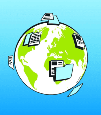 Illustration eines grün-weißen Globus mit schwebenden Dokumenten und einem Ordner; Remote startet eine internationale Bezahlungsinfrastruktur.