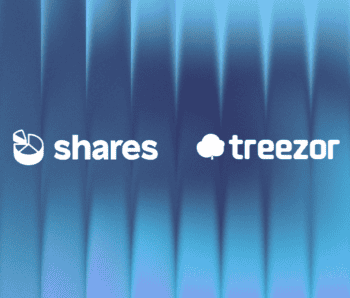 Die Abbildung zeigt die Logos von Shares und Treezor auf einem blauen Hintergrund. Diese visuelle Darstellung unterstreicht die strategische Partnerschaft zwischen den beiden Unternehmen im Bereich der BaaS-Infrastruktur.