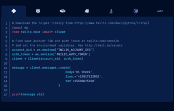 Ein Code-Snippet zur Integration der Twilio API zur Automatisierung von Nachrichtenversand ist abgebildet. Die Lendi Group nutzt diese Lösung zur Modernisierung ihrer Baufinanzierungsprozesse, um Effizienz und Kundenkommunikation zu verbessern.