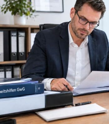 Ein Mann in einem Anzug sitzt an einem Schreibtisch und studiert Dokumente. Auf dem Tisch befinden sich mehrere Ordner, darunter ein Ordner mit der Aufschrift „Arbeitshilfen GwG“. Der Kontext deutet auf eine Tätigkeit im Bereich Geldwäscheprävention hin.