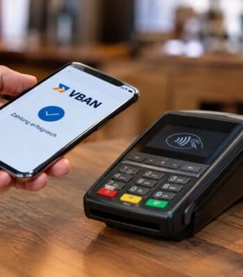 Ein Smartphone zeigt die Benutzeroberfläche der VBAN-App mit der Bestätigung „Zahlung erfolgreich“. Daneben befindet sich ein kontaktloses Zahlungsterminal. Diese Darstellung verdeutlicht die Anwendung der VBAN-Technologie im Zahlungsverkehr.