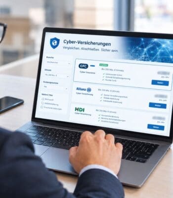 Auf einem Laptop-Bildschirm wird eine Vergleichsseite für Cyber-Versicherungen angezeigt. Die Anbieter CFC, Allianz und HDI sind aufgeführt, jeweils mit Umsatzgrenzen und spezifischen Leistungen. CyberDirekt erweitert sein Angebot um diese Spezialversicherer.