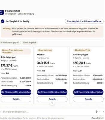 Der KI-Dialog vergleicht drei Gewerbeversicherungen mit Preisen und Leistungen; Finanzchef24 prüft 19 Versicherer und erstellt 15 Angebote.