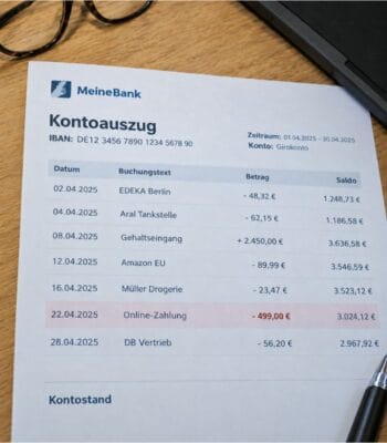 Ein Kontoauszug auf einem Holztisch markiert eine Online-Zahlung über 499 Euro; beim Kontobetrug müssen Banken den Betrag zunächst erstatten.