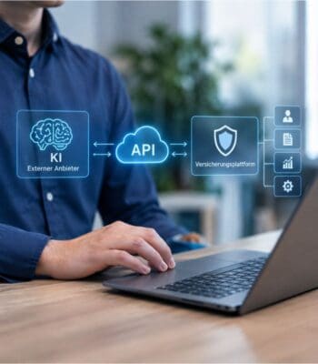 Eine Person am Laptop verbindet per API einen externen KI-Anbieter mit einer Versicherungsplattform. Smart InsurTech öffnet seine Plattform für KI-Technologien.