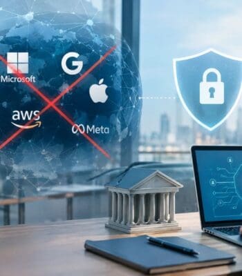 Logos von Microsoft, Google, Apple, AWS und Meta sind auf einer Weltkugel rot durchkreuzt; daneben stehen ein Bankmodell und ein Schutzschild. Banken streben mehr Digitale Souveränität an, obwohl Bequemlichkeit den Wechsel zu unabhängigen Lösungen erschwert.